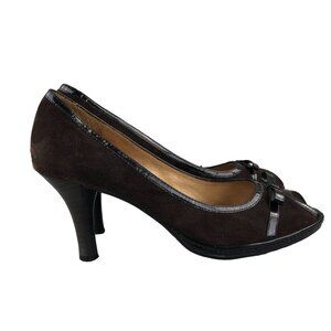 SOFFT Women's 7M Brown Suede Patent Leather Trim Peep Toe High Heel Pumps